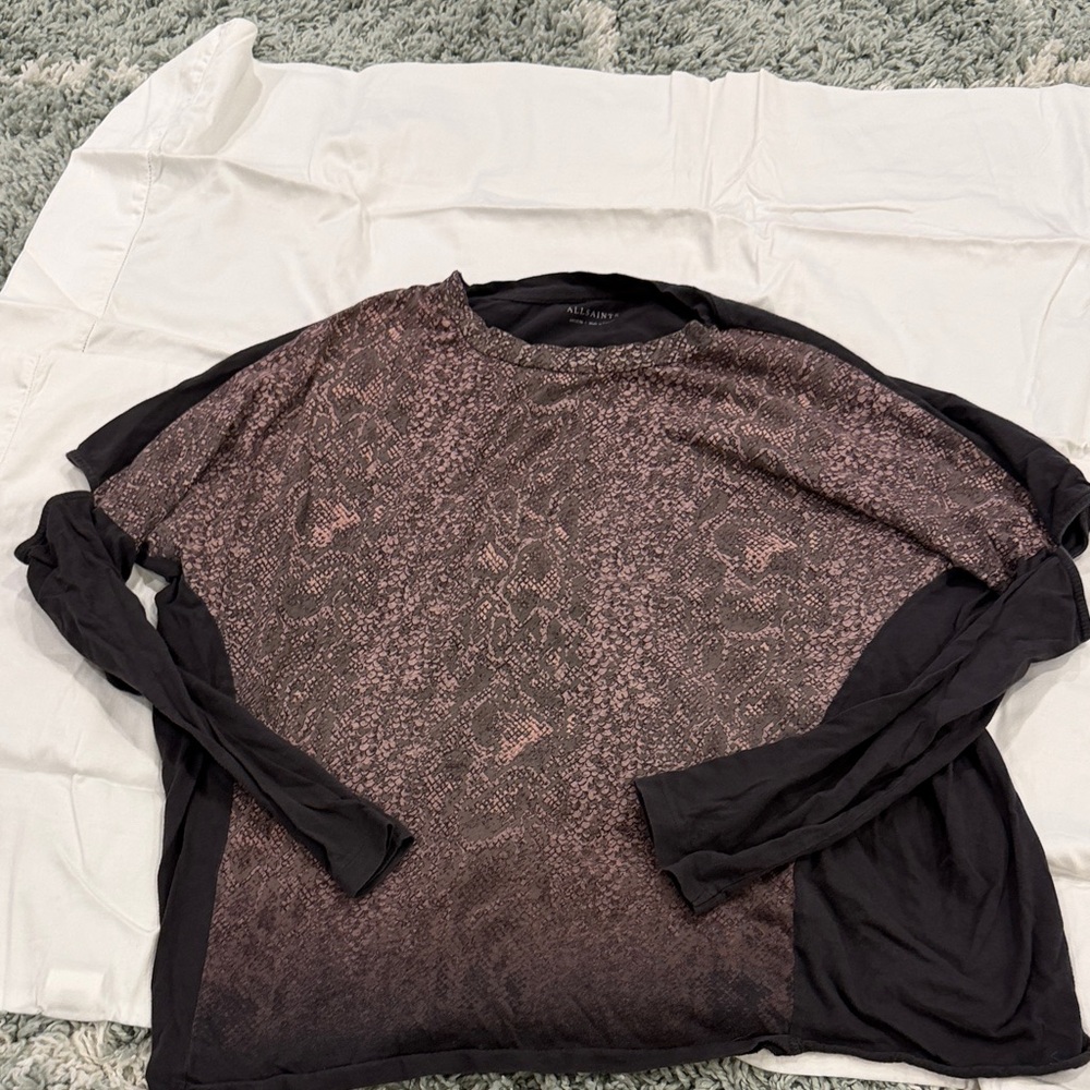AllSaints Kaa Wave Cut Out Tee with Mauve Snake-Print Front Panel